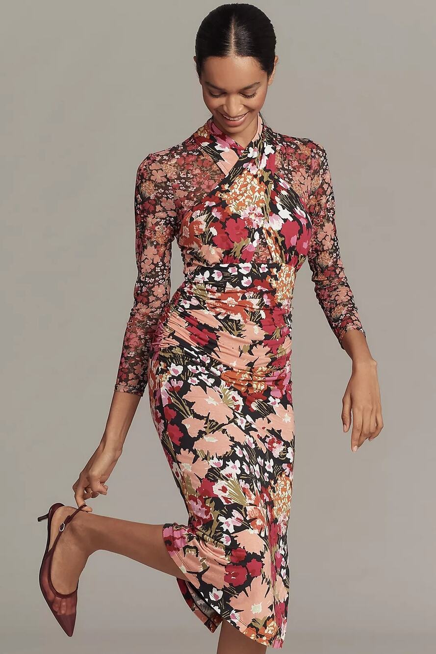 New Anthropologie Long-Sleeve Halter Mesh Midi Dress $168 SMALL Multi Floral
